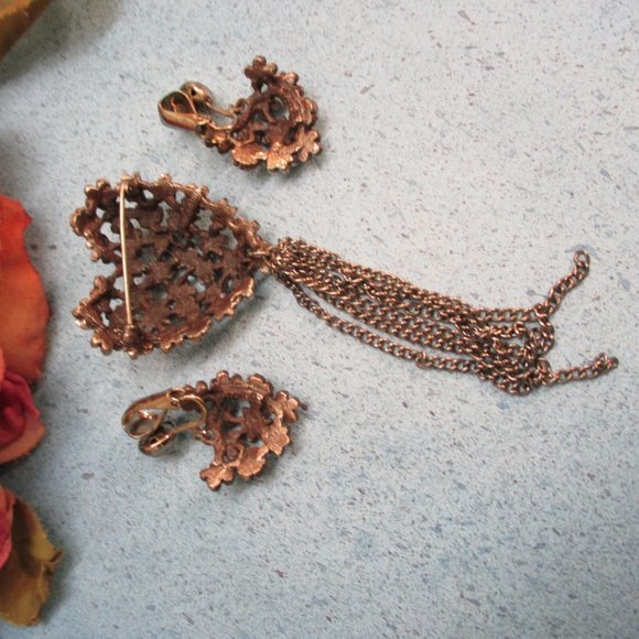 TORTOLANI Heart Brooch Earrings Set~Vintage STERLING Plate Floral Heart Jewelry - Picture 12 of 13